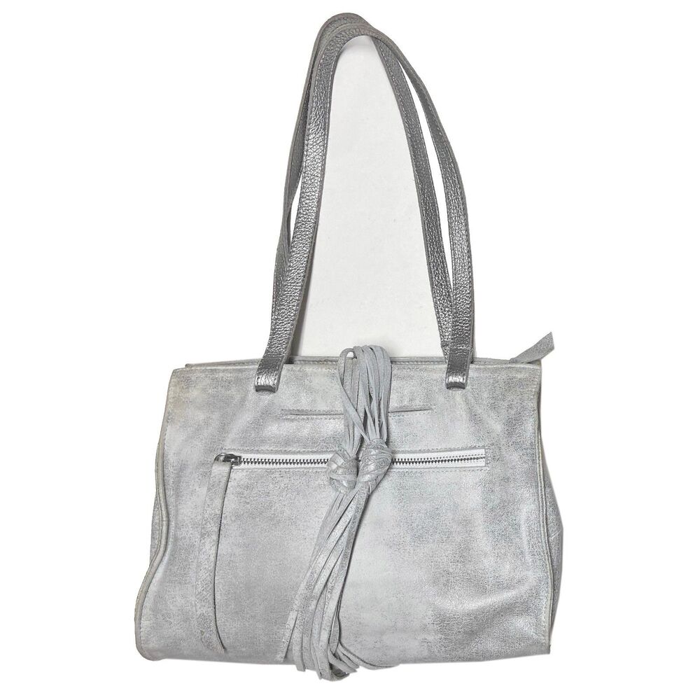 Carla Mancini Gray Silver Vintage Metallic Leather Tote Bag Tassels Made in USA
